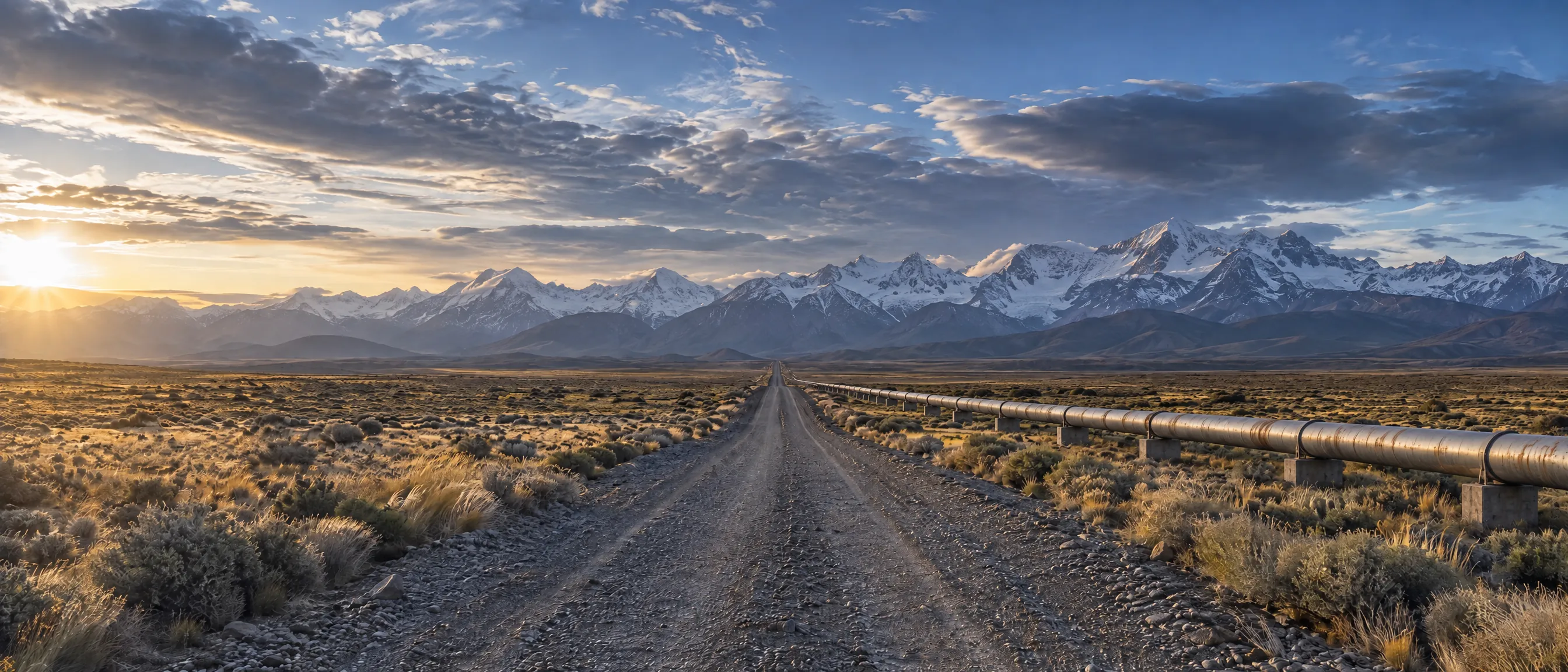 Ruta de ripio en la estepa patagónica, con un gasoducto a un costado y la cordillera al fondo