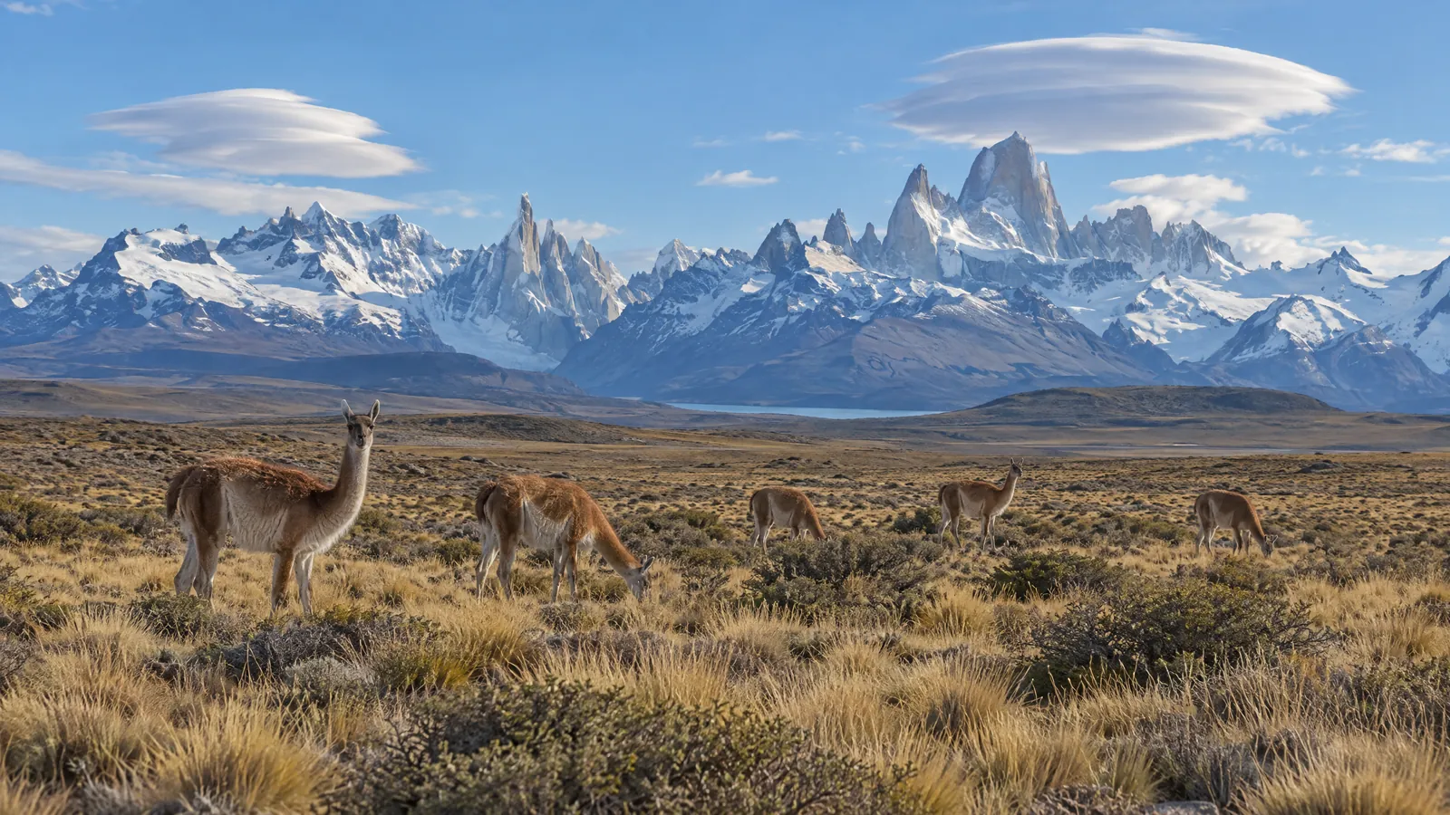 Guanacos en la estepa patagónica con la cordillera de los Andes al fondo