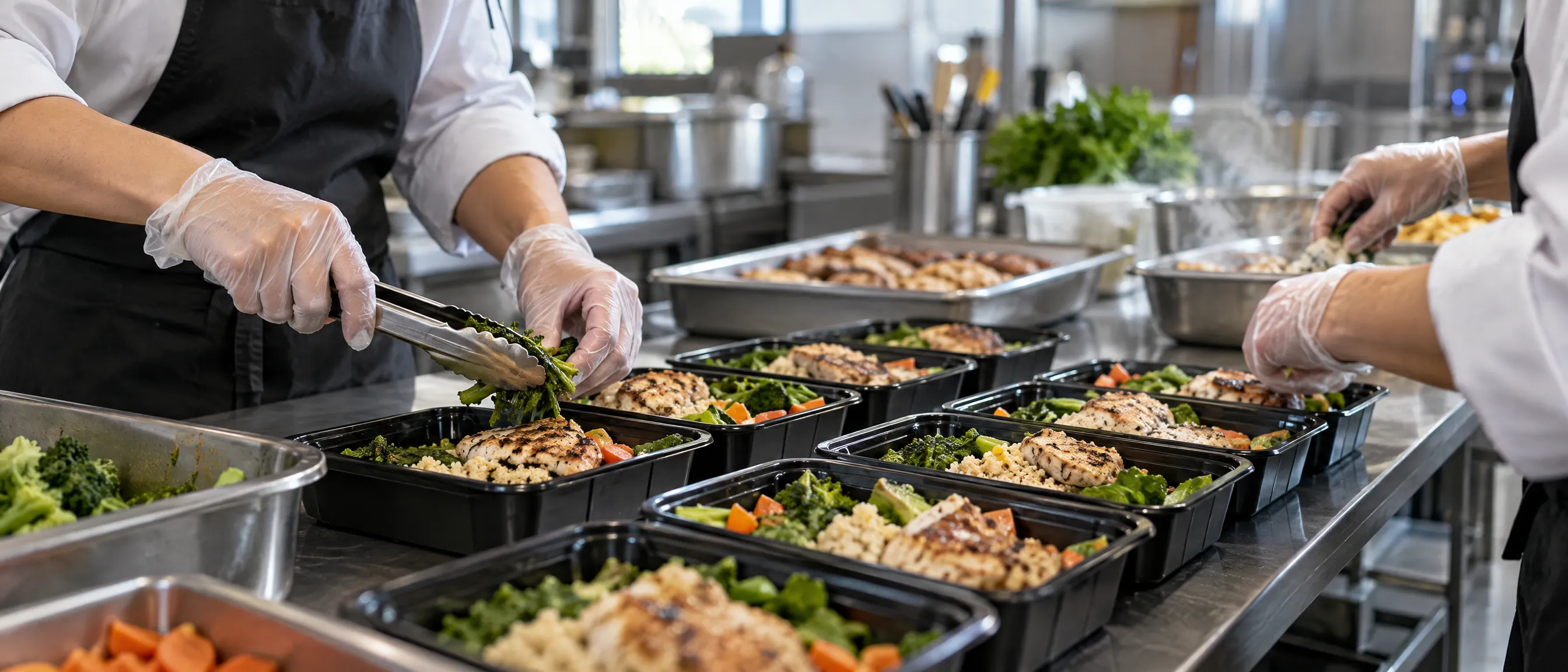 Cocina profesional porcionando comidas en recipientes iguales