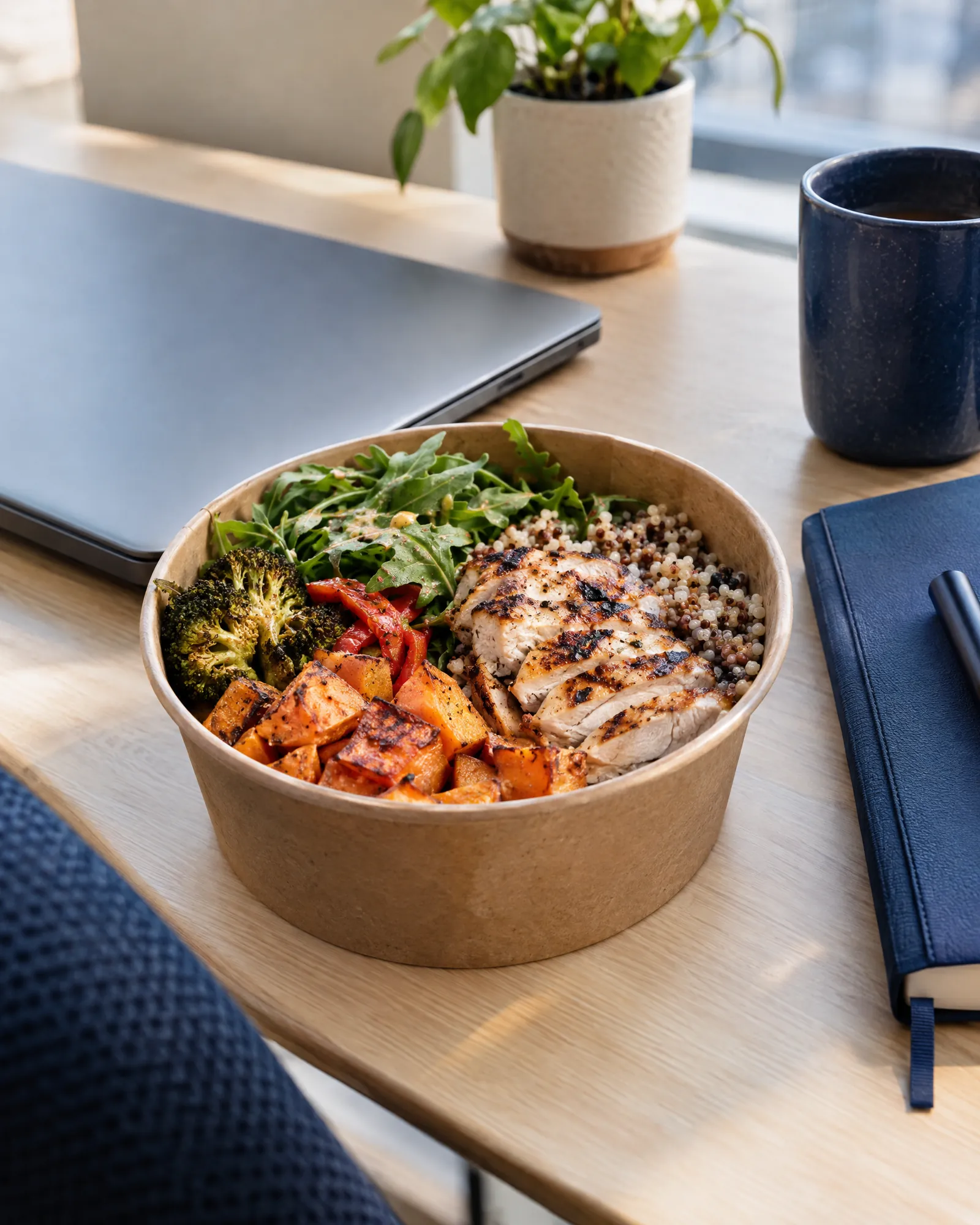 Bowl de comida real sobre un escritorio de trabajo